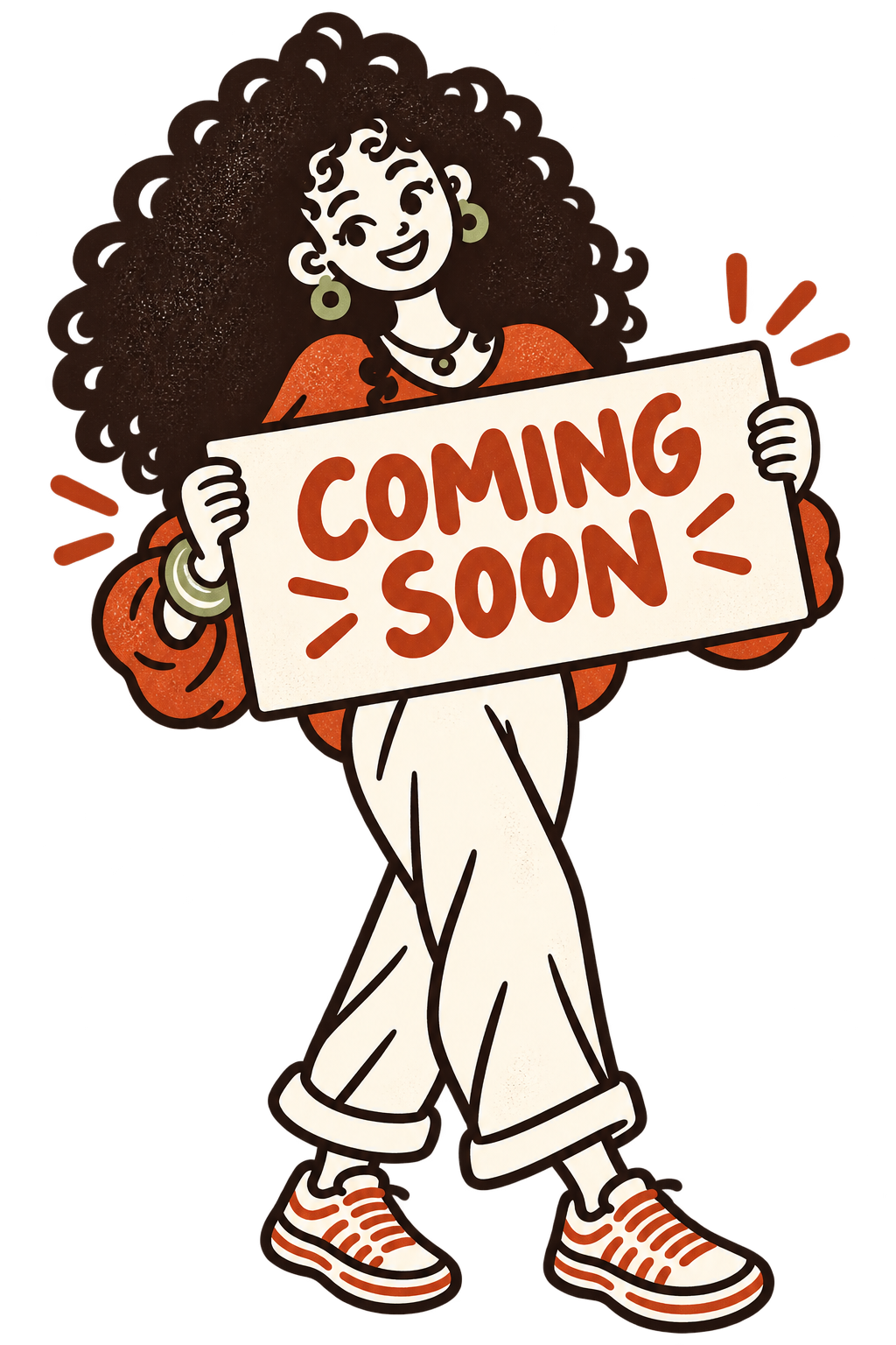Minna smiling with her eyes open and holding a Coming Soon sign