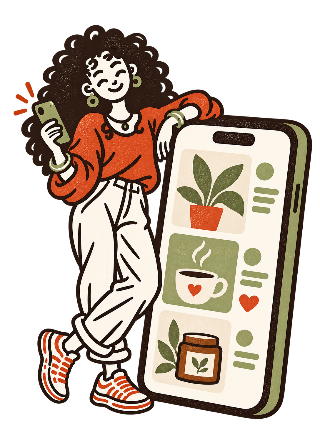Illustration of Minna planning social content beside a large phone
