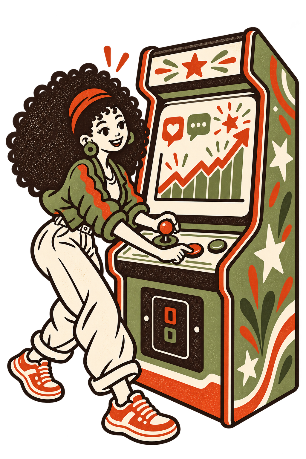Minna playing an arcade game as the social engagement chart rises