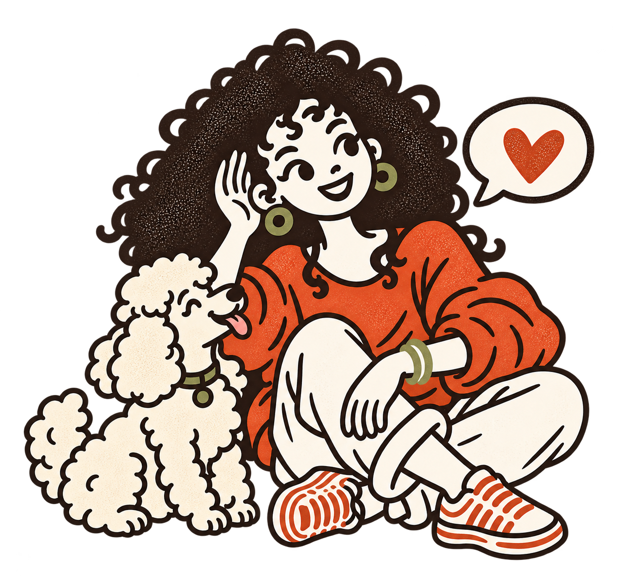 Illustration of Minna in a terracotta sweater with a playful poodle looking up at her